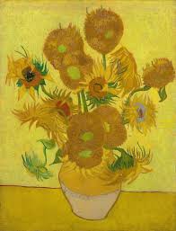 Van Gogh's painting of sunflowers in a vase with a yellow background