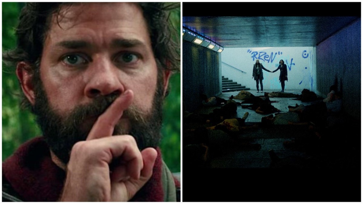 A split collage with the words "DOUBLE BILL" in bold On the left, a bearded man with his finger to his mouth, gesturing a "shush" motion. On the right, two people are holding hands in a subway tunnel which is covered in bodies lying on the floor. The collage is split down in the middle with a white outline between the two images.